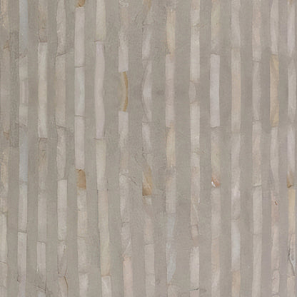 Baltoy 100cm Mother of Pearl Coffee Table in Striped Bone features a close-up of thin, beige stone strips in a staggered vertical pattern, showcasing its elegant mother of pearl inlay design.