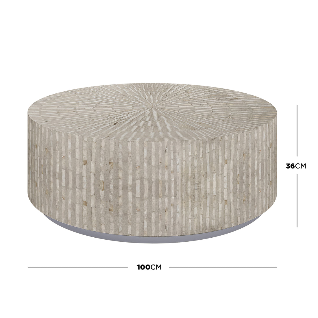 Baltoy 100cm Mother of Pearl Coffee Table in Striped Bone, featuring a drum-shaped body with light-neutral vertical stripes and a matching radial top on a slim recessed plinth base.
