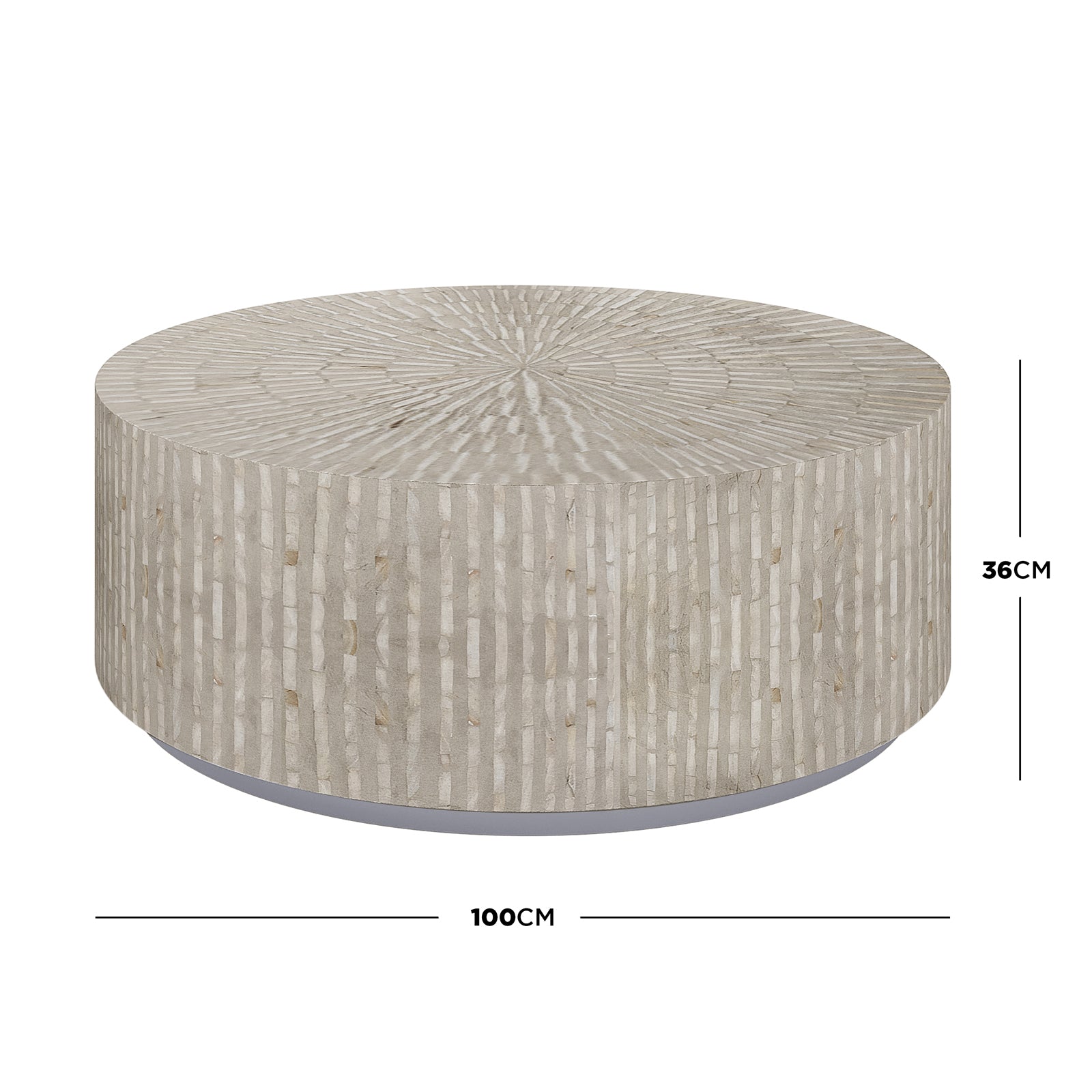 Baltoy 100cm Mother of Pearl Coffee Table in Striped Bone, featuring a drum-shaped body with light-neutral vertical stripes and a matching radial top on a slim recessed plinth base.