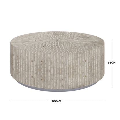 Baltoy 100cm Mother of Pearl Coffee Table in Striped Bone, featuring a drum-shaped body with light-neutral vertical stripes and a matching radial top on a slim recessed plinth base.