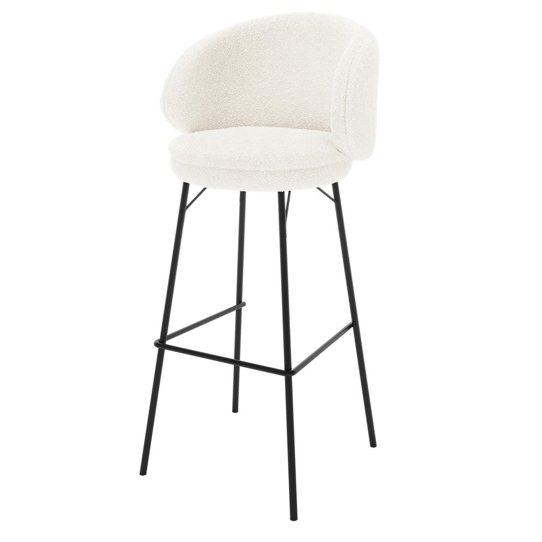 Belize High Back Boucle Bar Stool Set of 2 in Cream White features a round padded seat, partial curved backrest, and slender black metal legs with a square footrest.