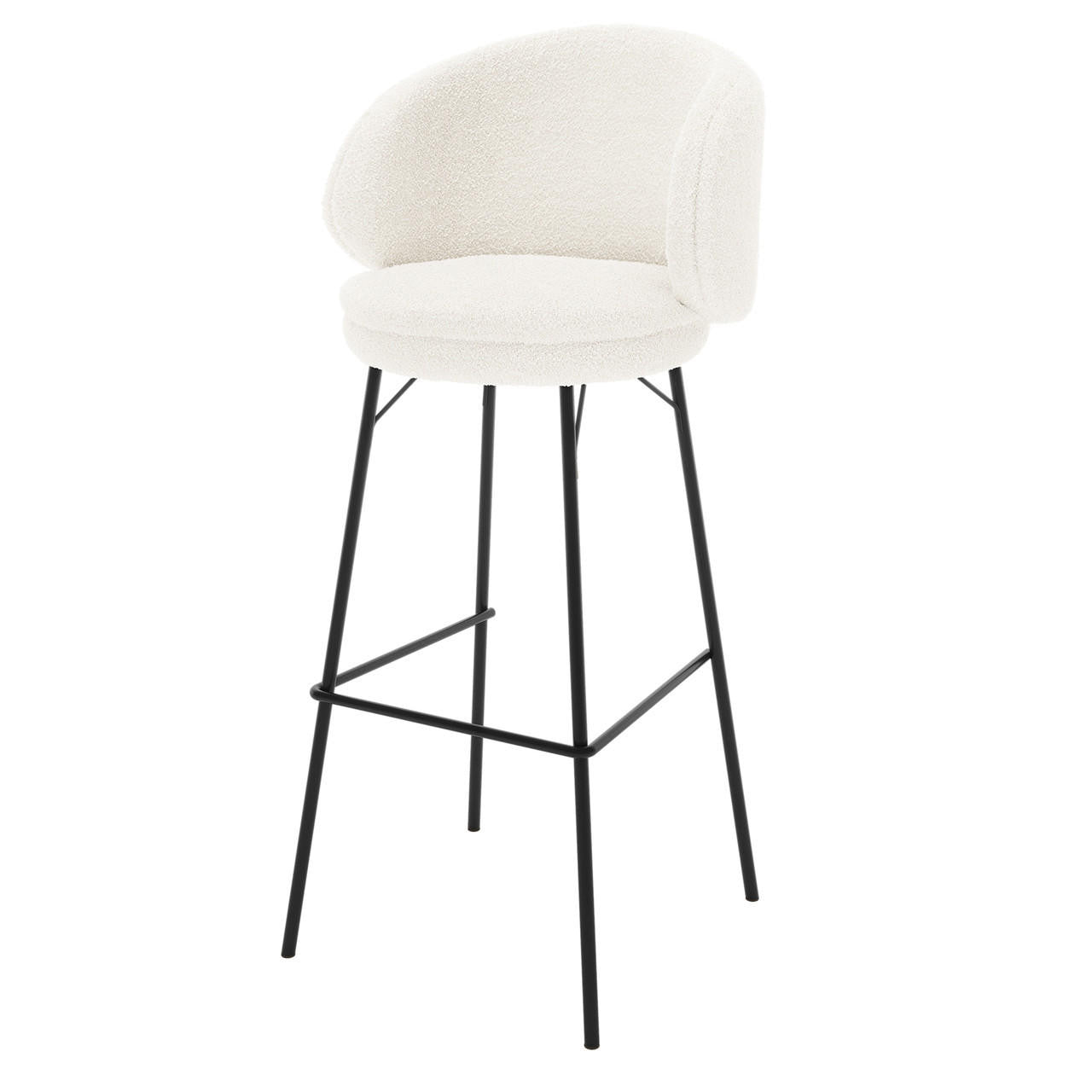 Belize High Back Boucle Bar Stool Set of 2 in Cream White features a round padded seat, partial curved backrest, and slender black metal legs with a square footrest.