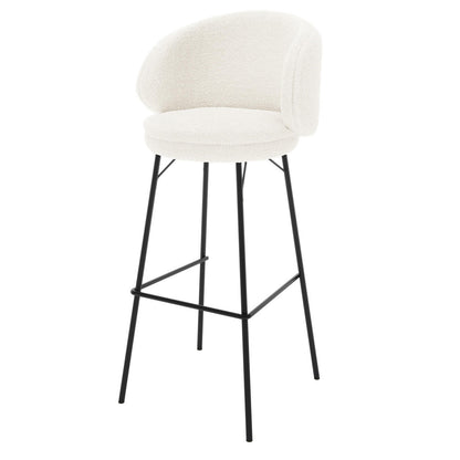 Belize High Back Boucle Bar Stool Set of 2 in Cream White features a round padded seat, partial curved backrest, and slender black metal legs with a square footrest.