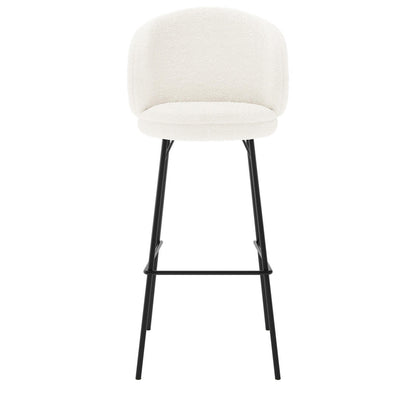 Belize High Back Boucle Bar Stool Set of 2 in Cream White, featuring rounded padded seats with low backs upholstered in textured fabric, black metal legs, and a square footrest.