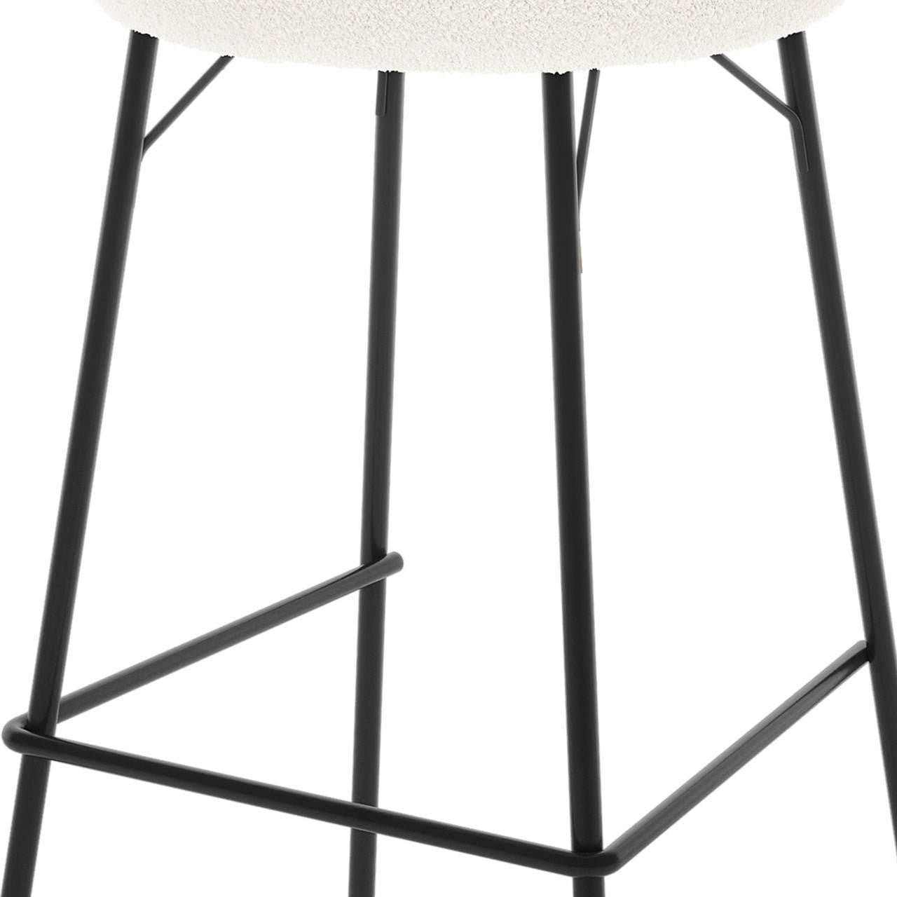 Belize High Back Boucle Bar Stool Set of 2 in Cream White, showcasing black metal legs with footrest, supporting a cream boucle-upholstered seat, emphasizing durability and modern design.