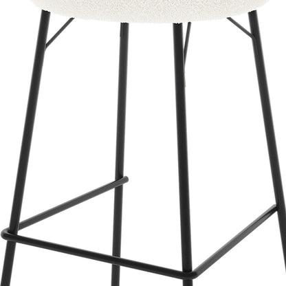 Belize High Back Boucle Bar Stool Set of 2 in Cream White, showcasing black metal legs with footrest, supporting a cream boucle-upholstered seat, emphasizing durability and modern design.