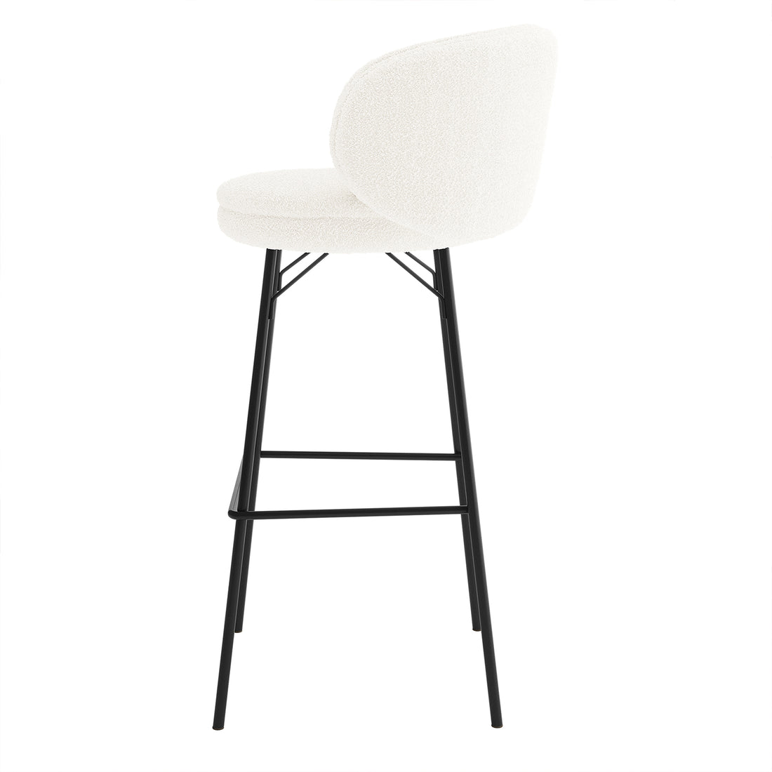 Belize High Back Boucle Bar Stool Set of 2 in Cream White features a rounded upholstered seat and low back in boucle fabric, supported by black metal legs with footrest.