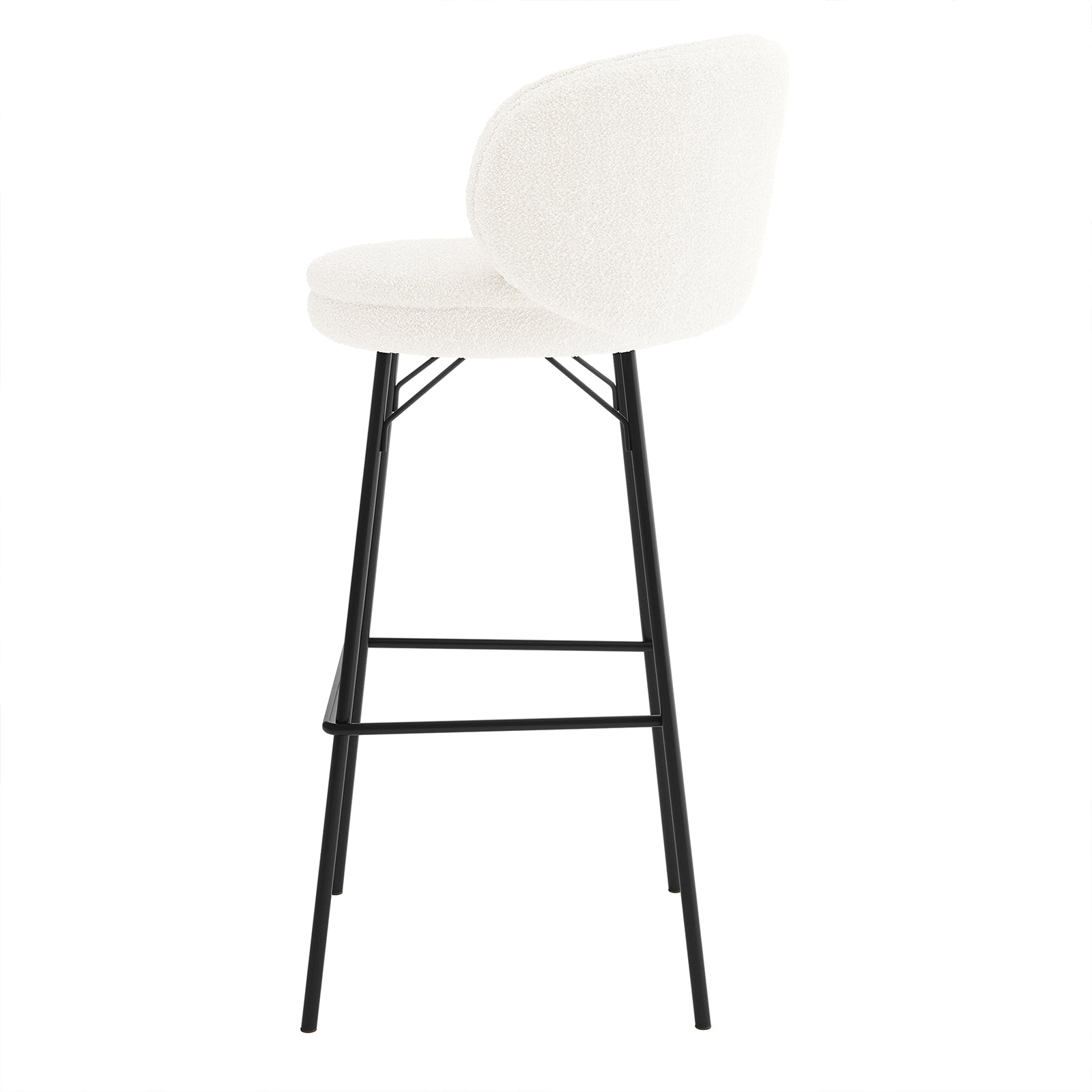 Belize High Back Boucle Bar Stool Set of 2 in Cream White features a rounded upholstered seat and low back in boucle fabric, supported by black metal legs with footrest.