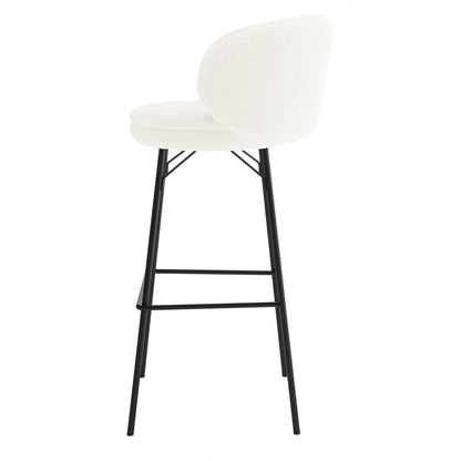 Belize High Back Boucle Bar Stool Set of 2 in Cream White features a rounded upholstered seat and low back in boucle fabric, supported by black metal legs with footrest.