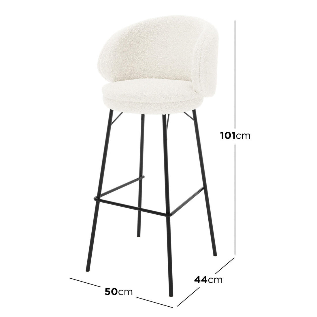 Belize High Back Boucle Bar Stool Set of 2 in Cream White features round padded seats, low curved backrests, slender black metal legs, and footrest, offering modern elegance and comfort.