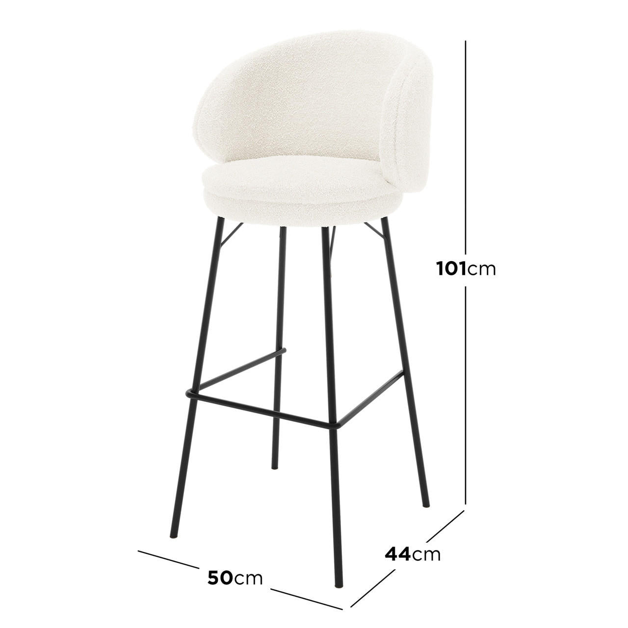 Belize High Back Boucle Bar Stool Set of 2 in Cream White features round padded seats, low curved backrests, slender black metal legs, and footrest, offering modern elegance and comfort.