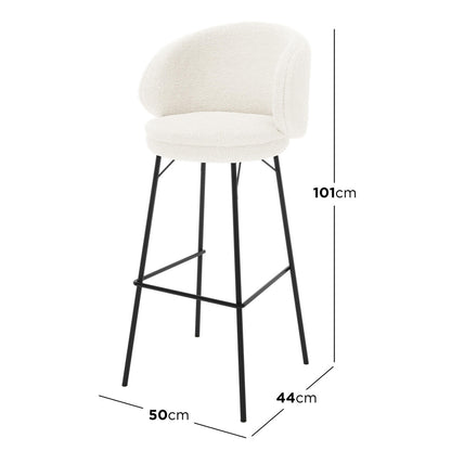 Belize High Back Boucle Bar Stool Set of 2 in Cream White features round padded seats, low curved backrests, slender black metal legs, and footrest, offering modern elegance and comfort.