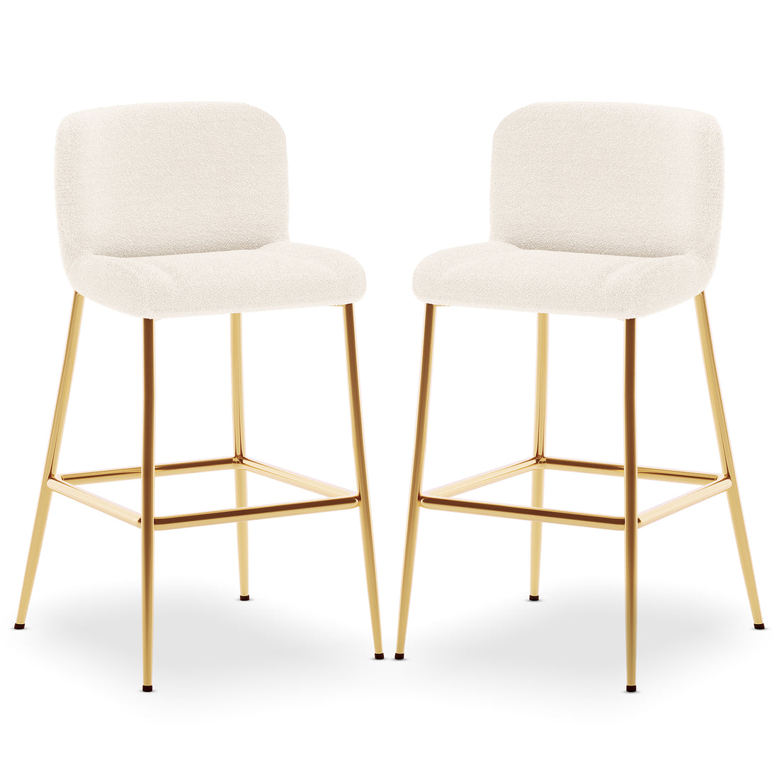 Bernie High Back Boucle Bar Stool Set of 2 in White, featuring creamy boucle upholstered seats, polished gold metal frames, slim legs, and square footrests, exuding sleek, contemporary elegance.
