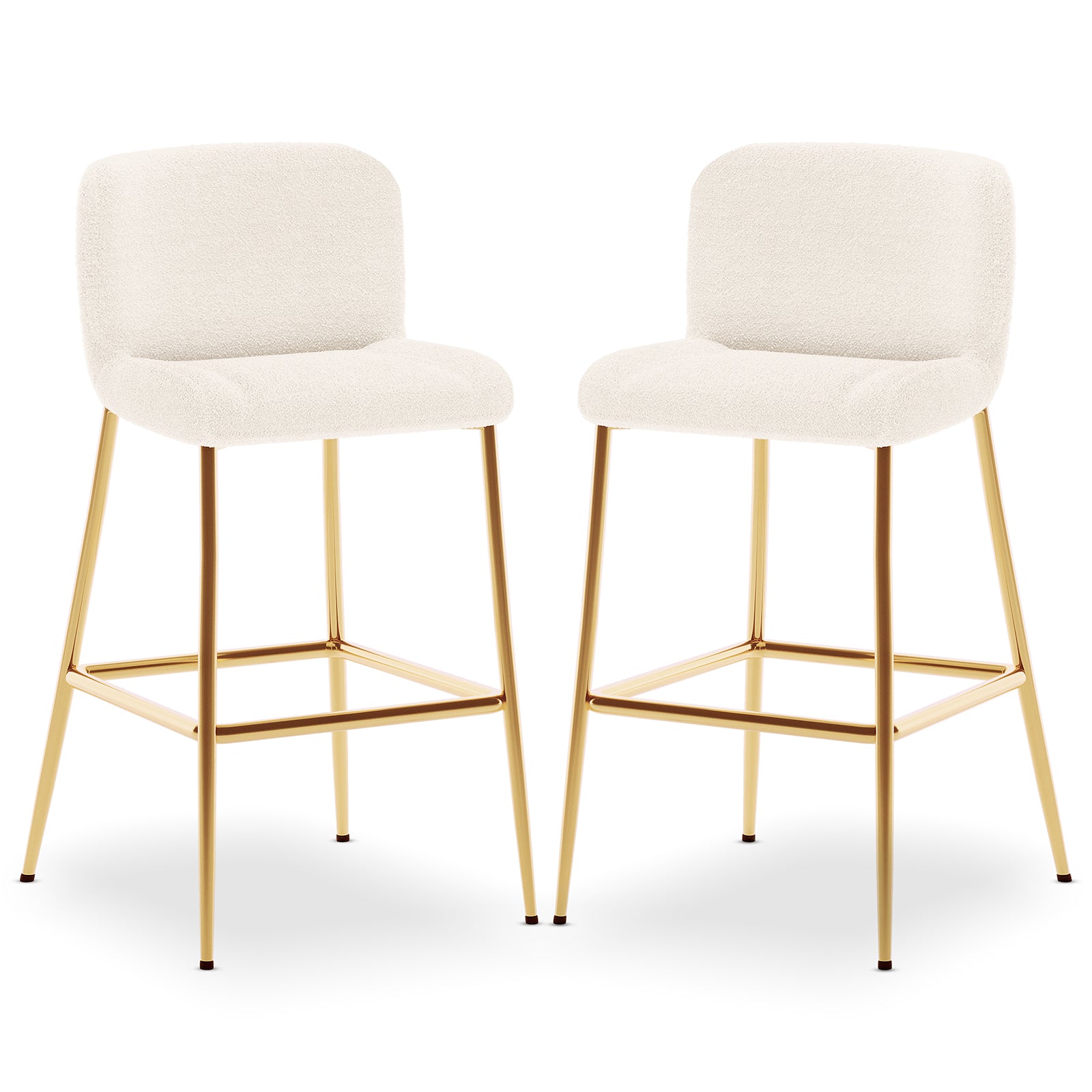 Bernie High Back Boucle Bar Stool Set of 2 in White, featuring creamy boucle upholstered seats, polished gold metal frames, slim legs, and square footrests, exuding sleek, contemporary elegance.