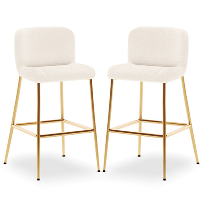 Bernie High Back Boucle Bar Stool Set of 2 in White, featuring creamy boucle upholstered seats, polished gold metal frames, slim legs, and square footrests, exuding sleek, contemporary elegance.