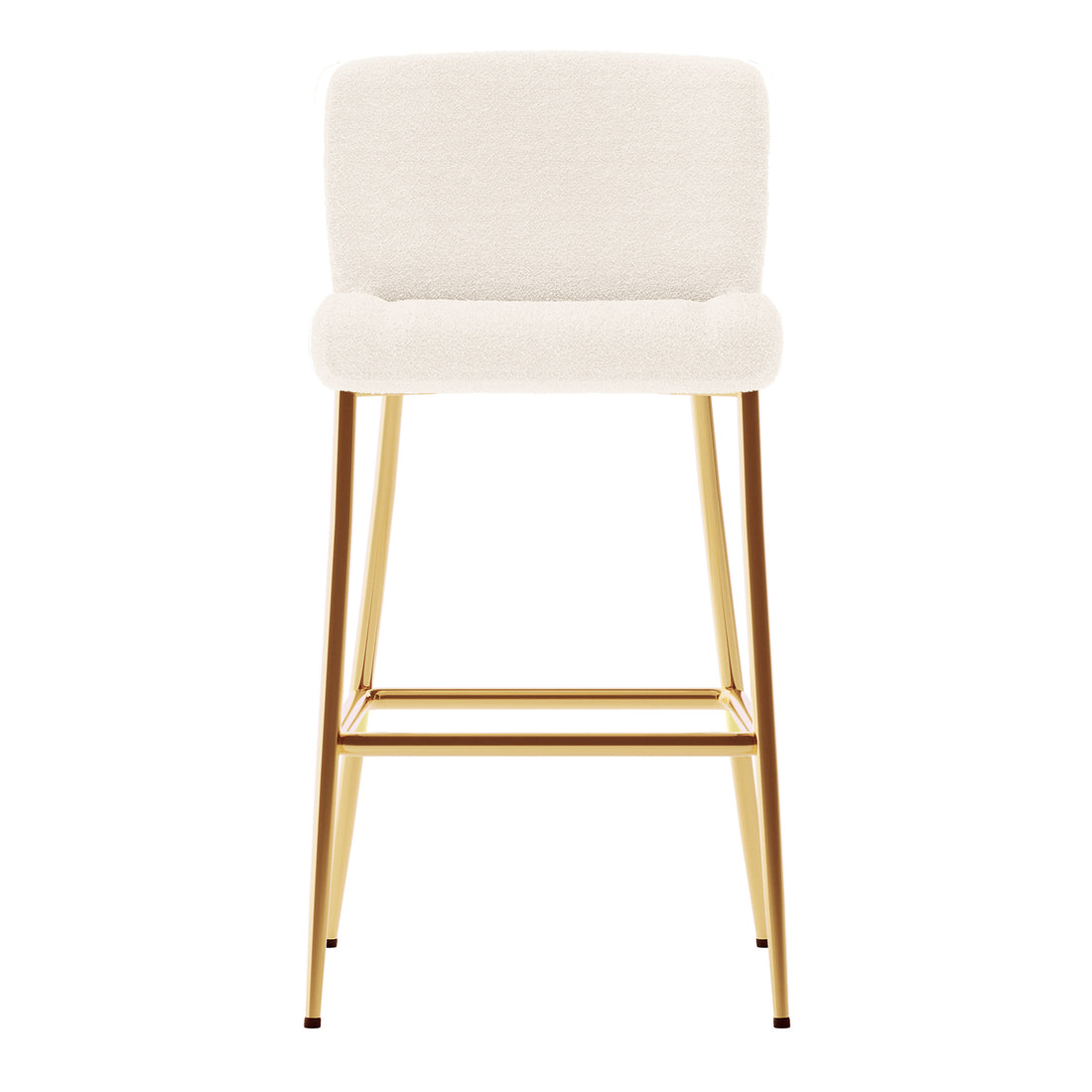 Bernie High Back Boucle Bar Stool Set of 2 in White features plush off-white upholstered seats and backrests on slender gold-finished legs with a footrest, showcasing modern elegance and comfort.