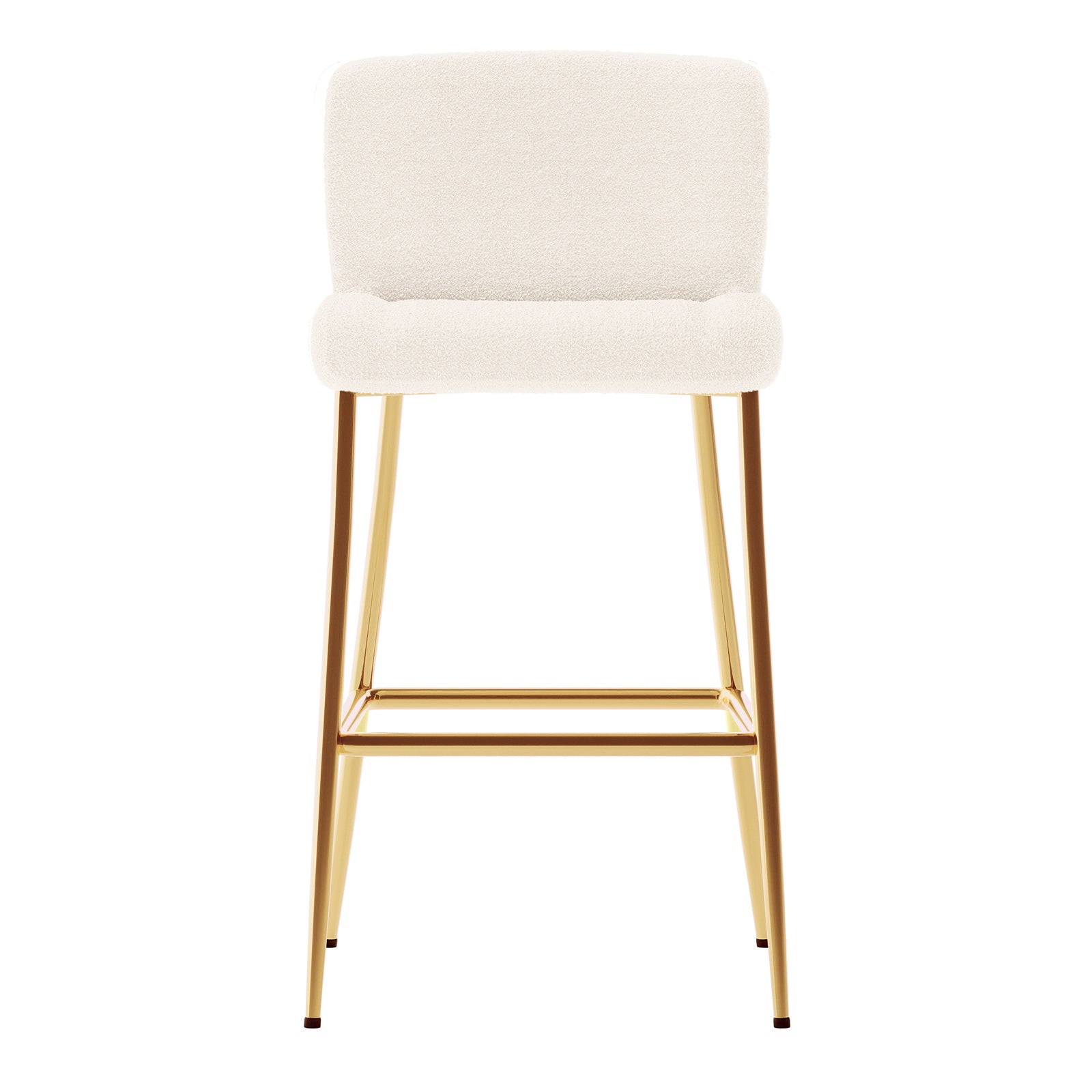 Bernie High Back Boucle Bar Stool Set of 2 in White features plush off-white upholstered seats and backrests on slender gold-finished legs with a footrest, showcasing modern elegance and comfort.