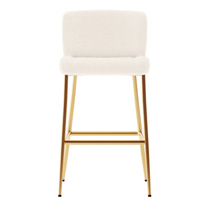 Bernie High Back Boucle Bar Stool Set of 2 in White features plush off-white upholstered seats and backrests on slender gold-finished legs with a footrest, showcasing modern elegance and comfort.