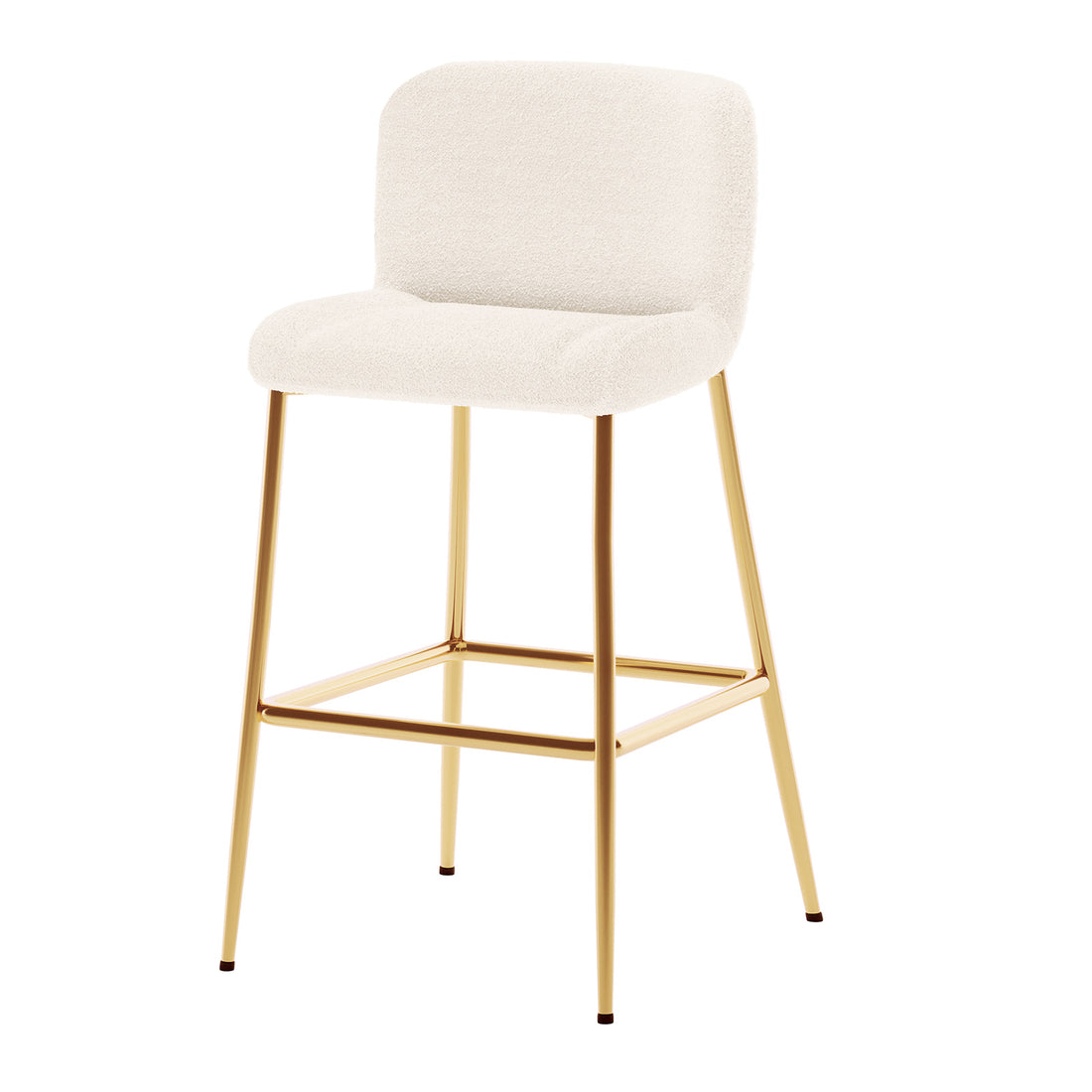 Bernie High Back Boucle Bar Stool Set of 2 in White, featuring off-white bouclé upholstery on a modern design with slender gold-tone metal legs and an integrated square footrest, exuding contemporary elegance.