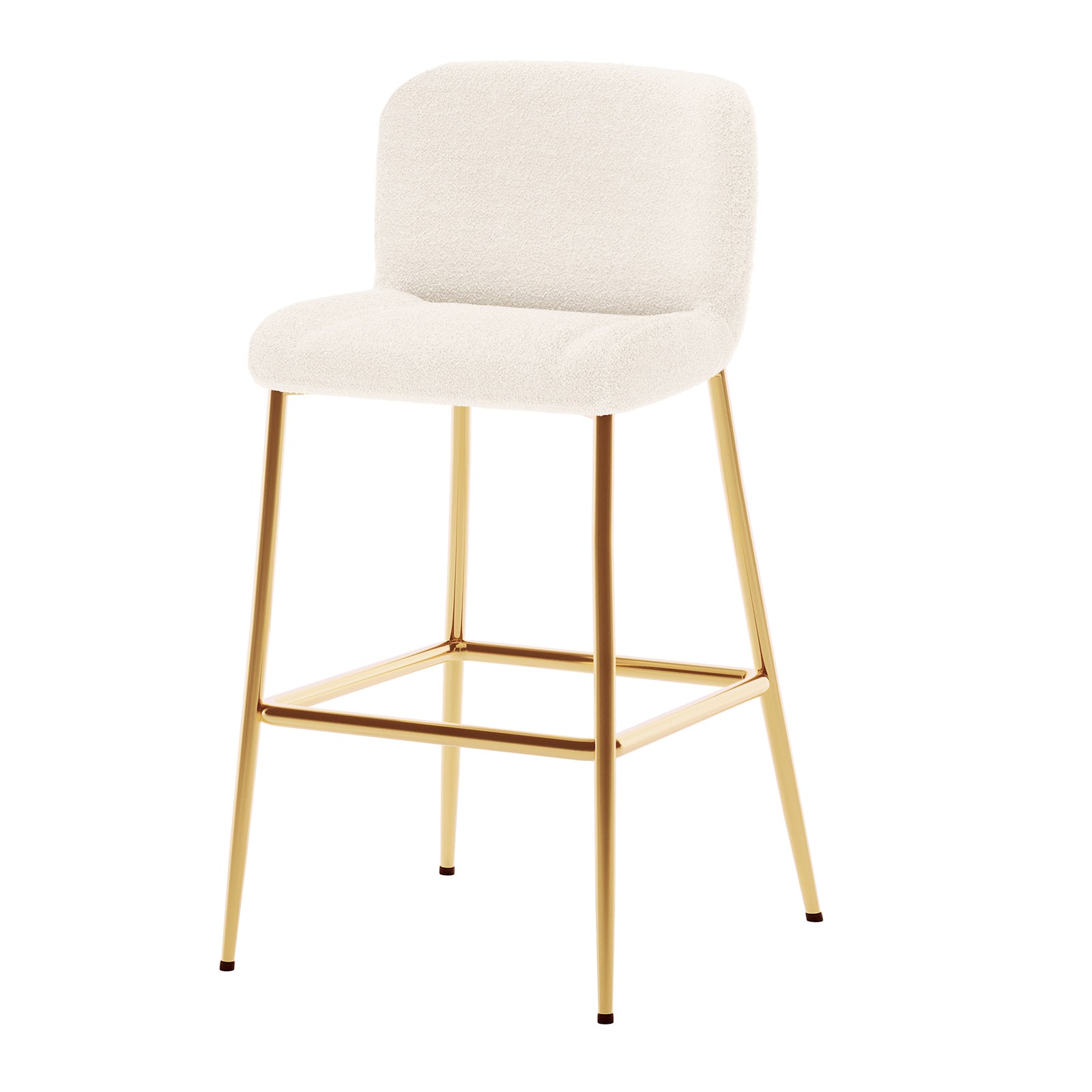 Bernie High Back Boucle Bar Stool Set of 2 in White, featuring off-white bouclé upholstery on a modern design with slender gold-tone metal legs and an integrated square footrest, exuding contemporary elegance.
