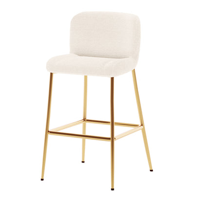 Bernie High Back Boucle Bar Stool Set of 2 in White, featuring off-white bouclé upholstery on a modern design with slender gold-tone metal legs and an integrated square footrest, exuding contemporary elegance.