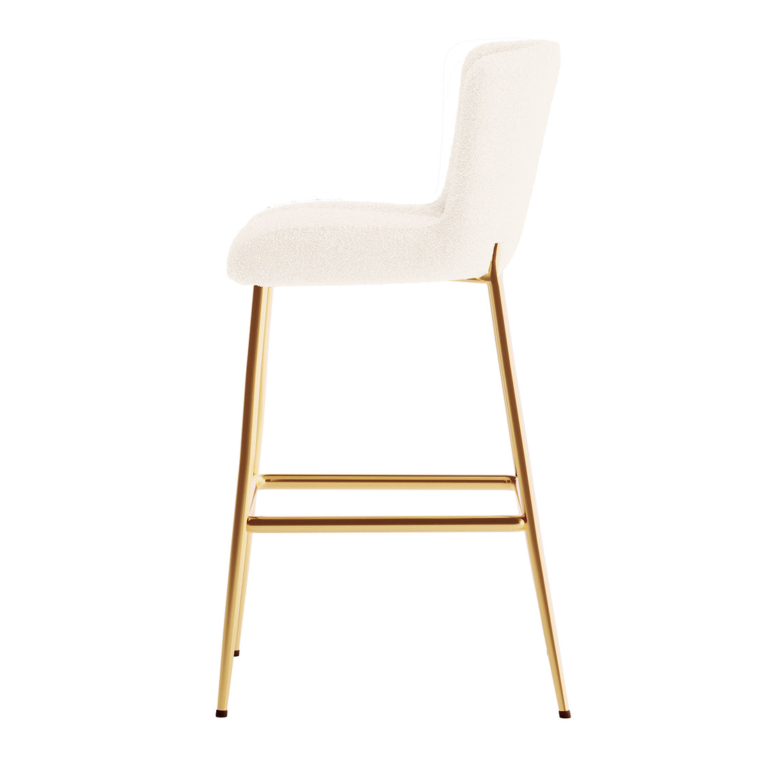 Bernie High Back Boucle Bar Stool Set of 2 in White features plush cream upholstered seats with low backs, slender gold-tone metal legs, and a footrest, embodying modern elegance and comfort.