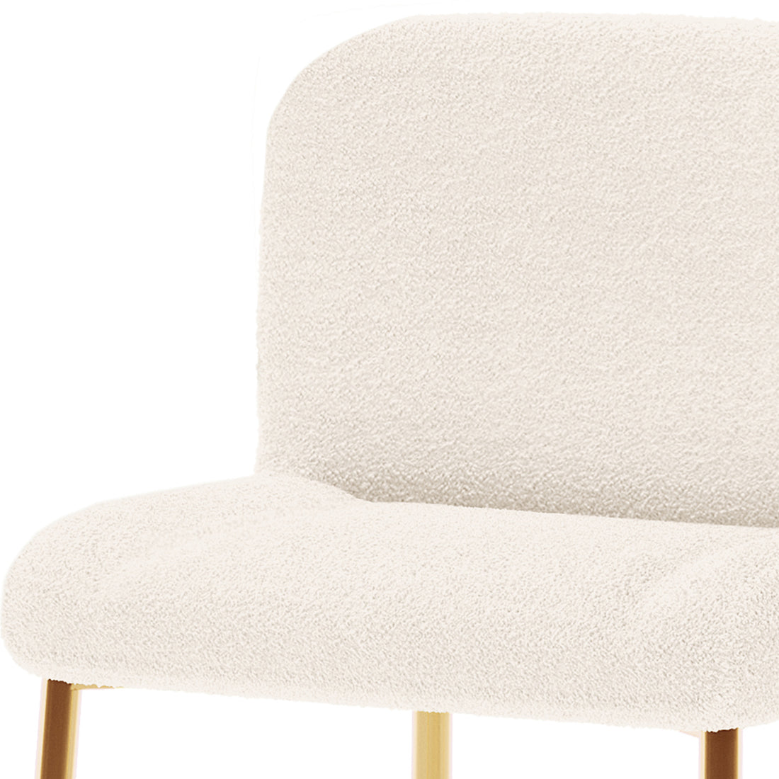 Bernie High Back Boucle Bar Stool Set of 2 in White features a close-up of cream boucle upholstery on the seat and lower backrest, accented by slender, gold-tone metal legs.