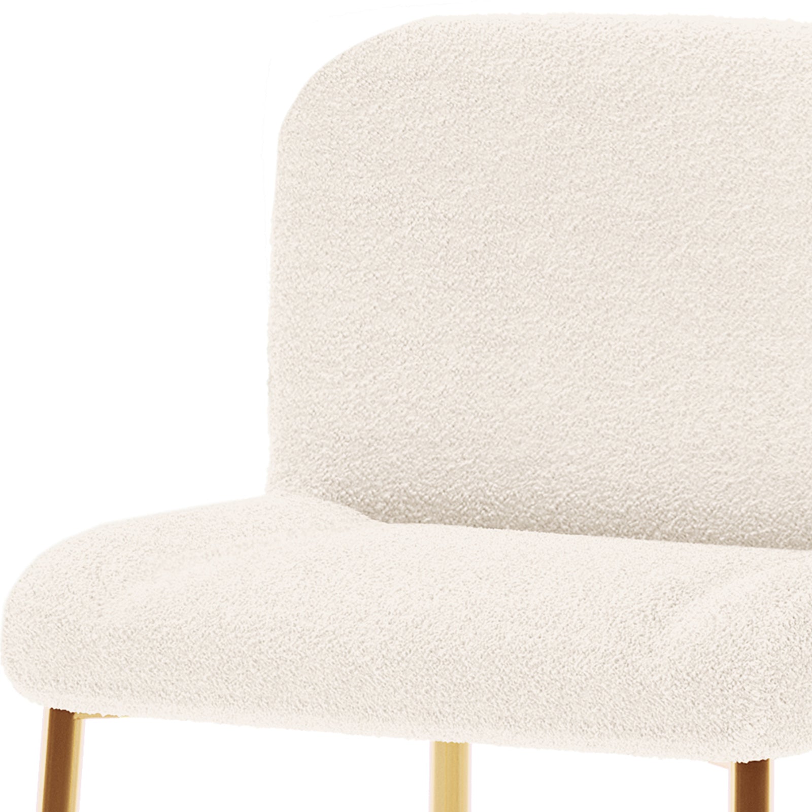 Bernie High Back Boucle Bar Stool Set of 2 in White features a close-up of cream boucle upholstery on the seat and lower backrest, accented by slender, gold-tone metal legs.