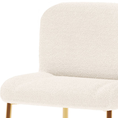 Bernie High Back Boucle Bar Stool Set of 2 in White features a close-up of cream boucle upholstery on the seat and lower backrest, accented by slender, gold-tone metal legs.