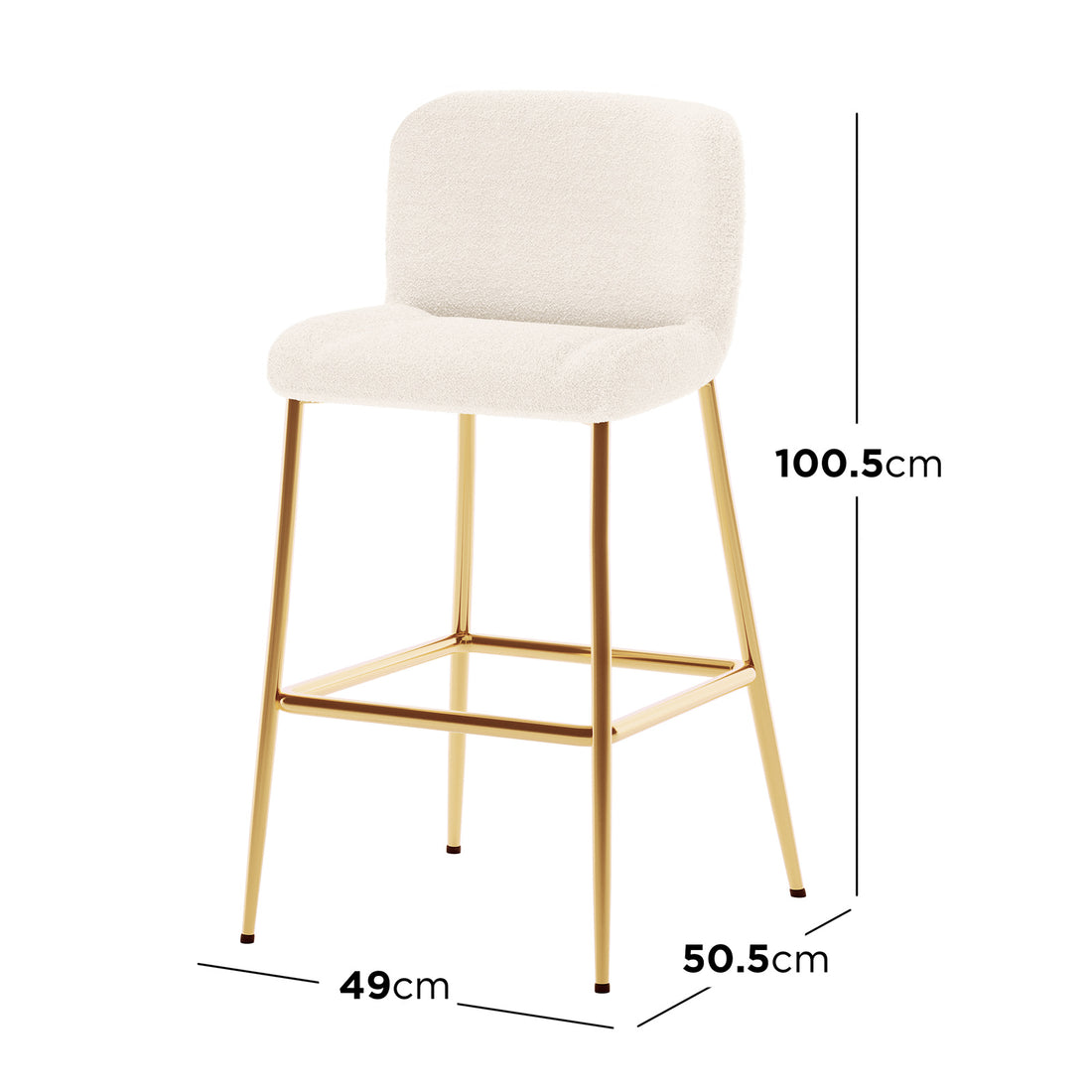 Bernie High Back Boucle Bar Stool Set of 2 in White features an upholstered, textured off-white seat with a low back, slender gold-tone legs, and a square footrest.