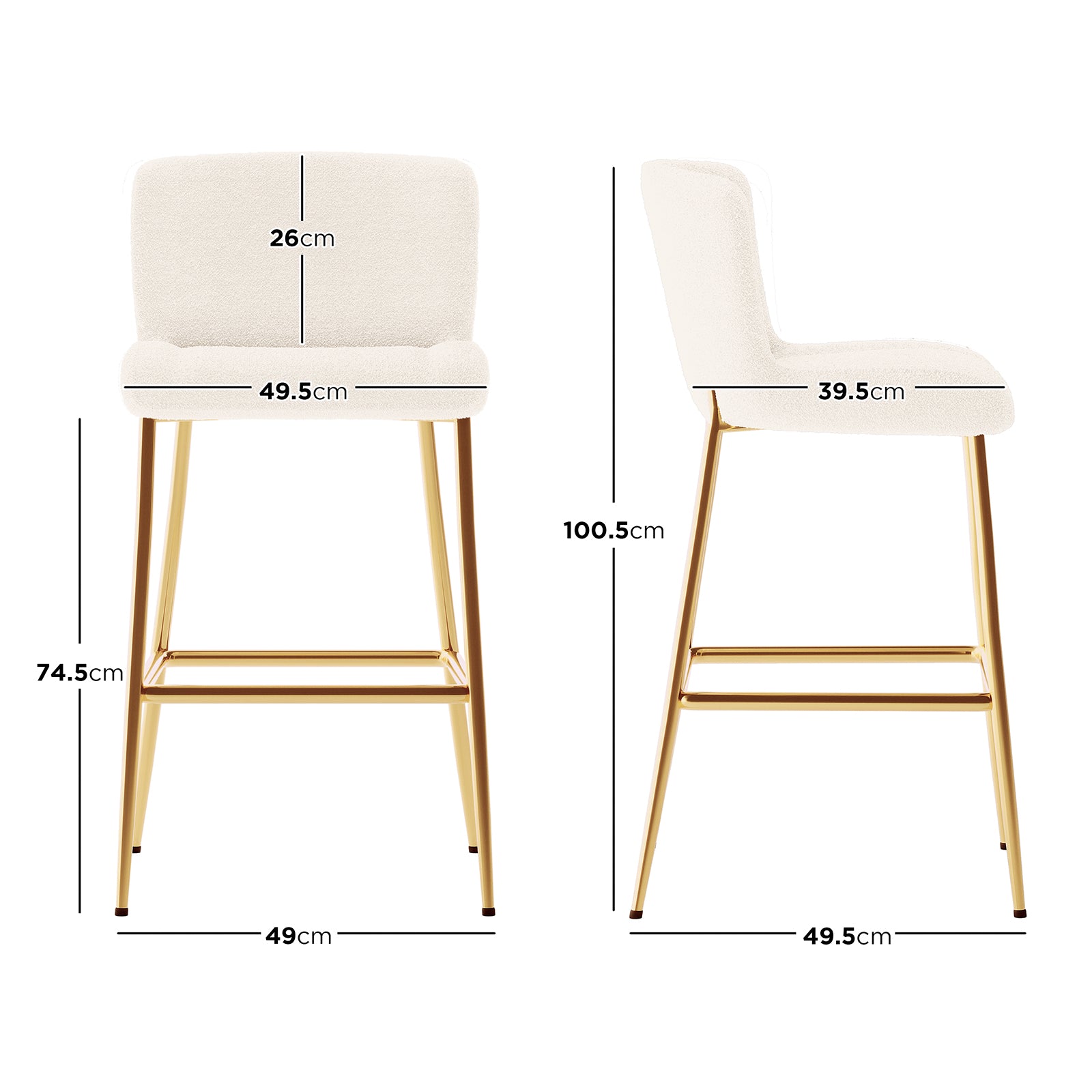 Bernie High Back Boucle Bar Stool Set of 2 in White, featuring white upholstered seats with gold-metal legs and footrest, shown in front and side views with detailed dimensions in centimeters.