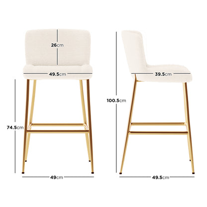 Bernie High Back Boucle Bar Stool Set of 2 in White, featuring white upholstered seats with gold-metal legs and footrest, shown in front and side views with detailed dimensions in centimeters.