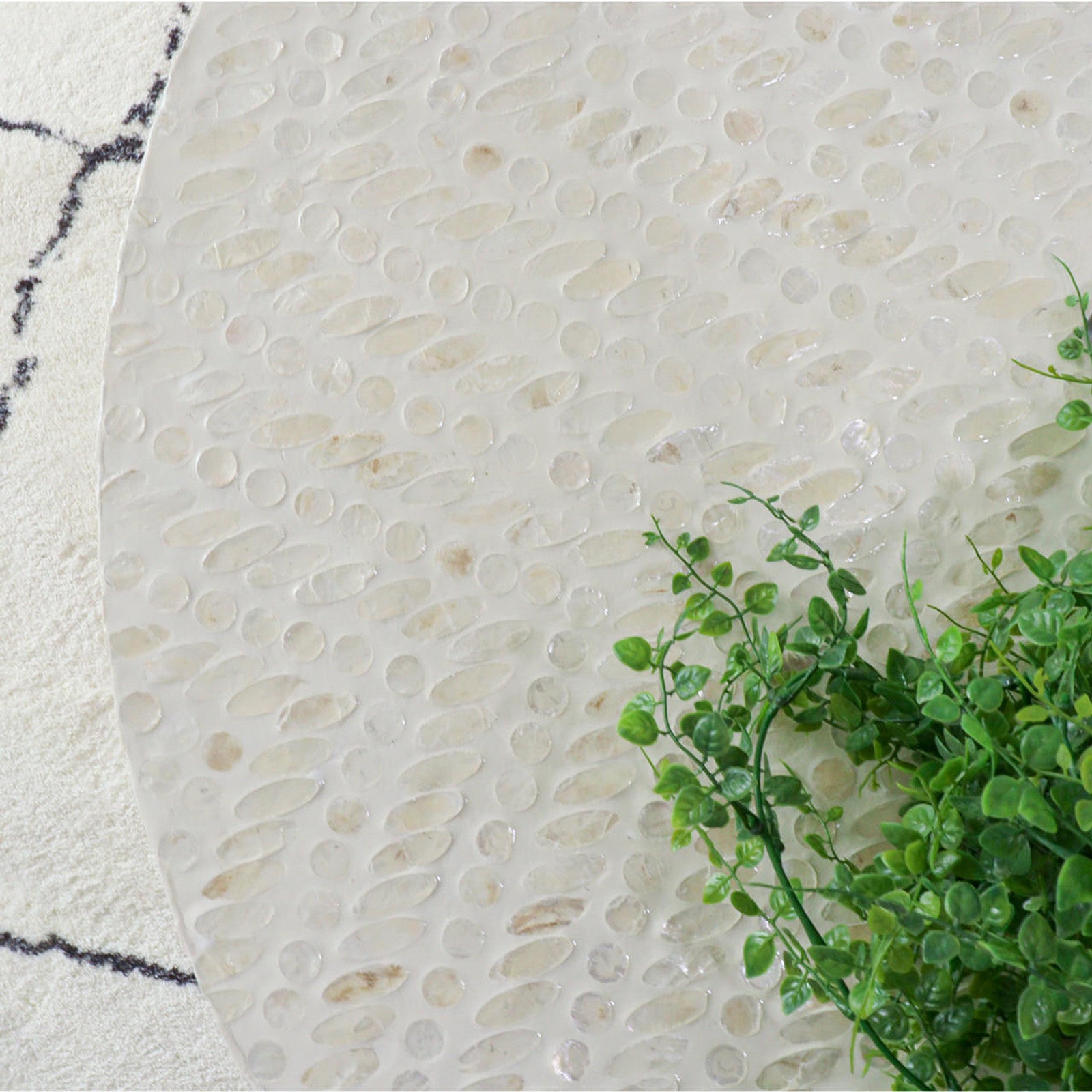 Bisera 91cm Mother of Pearl Inlay Coffee Table Sand, featuring a close-up of its hand-crafted mother-of-pearl mosaic surface, highlighting its intricate, unique tile patterns and artisanal craftsmanship.
