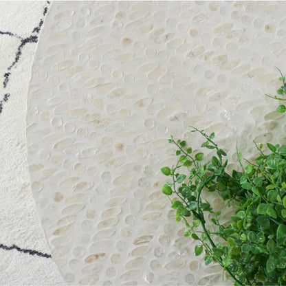 Bisera 91cm Mother of Pearl Inlay Coffee Table Sand, featuring a close-up of its hand-crafted mother-of-pearl mosaic surface, highlighting its intricate, unique tile patterns and artisanal craftsmanship.