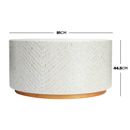 Bisera 91cm Mother of Pearl Inlay Coffee Table Sand features a close-up of its intricate mother-of-pearl mosaic design, showcasing hand-crafted tiles on the tabletop against a simple white backdrop.