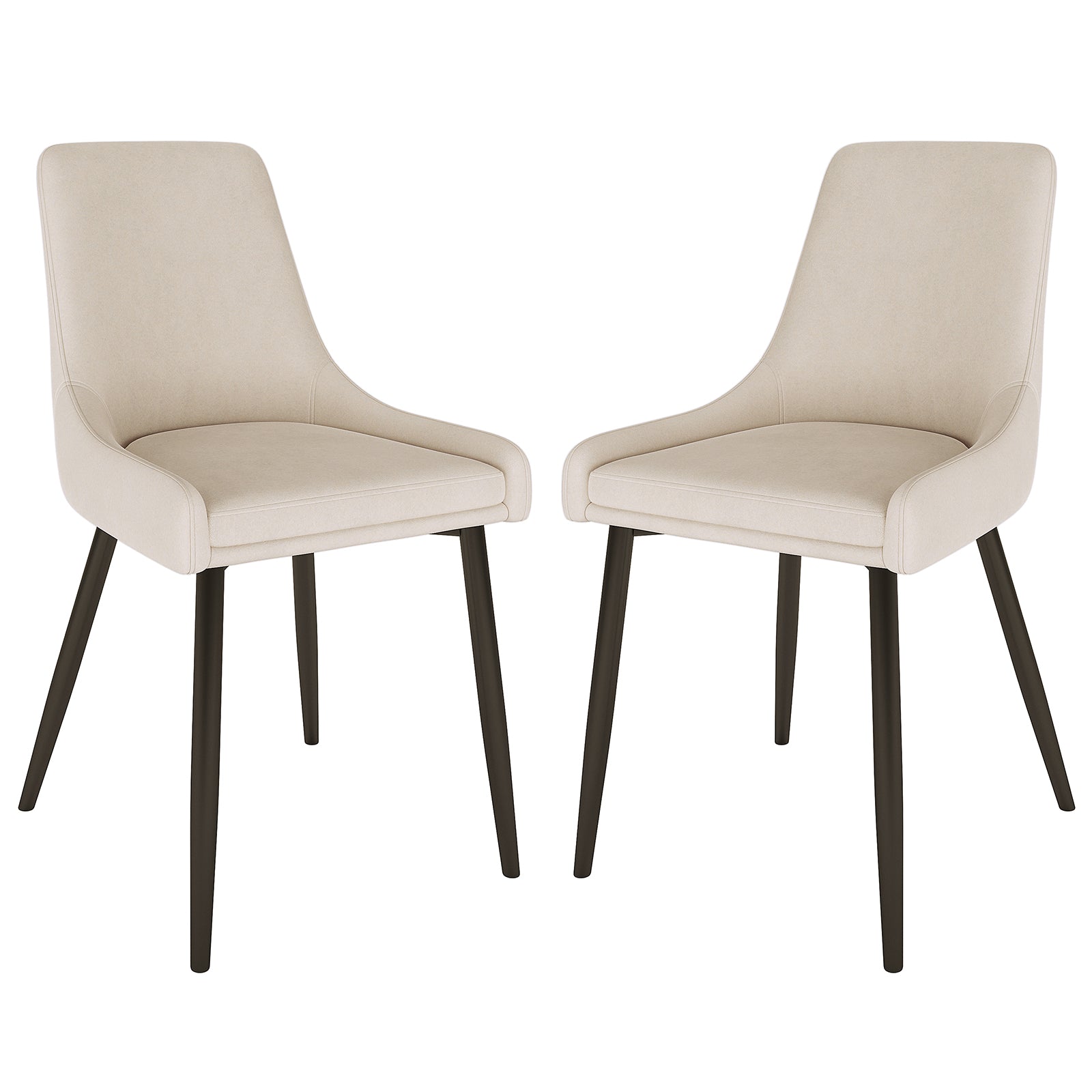 Blythe High Back Fabric Dining Chair Set of 2 in Beige features armless design, curved upholstered seats, and four slender dark-finished legs, combining modern style with comfort for dining areas.