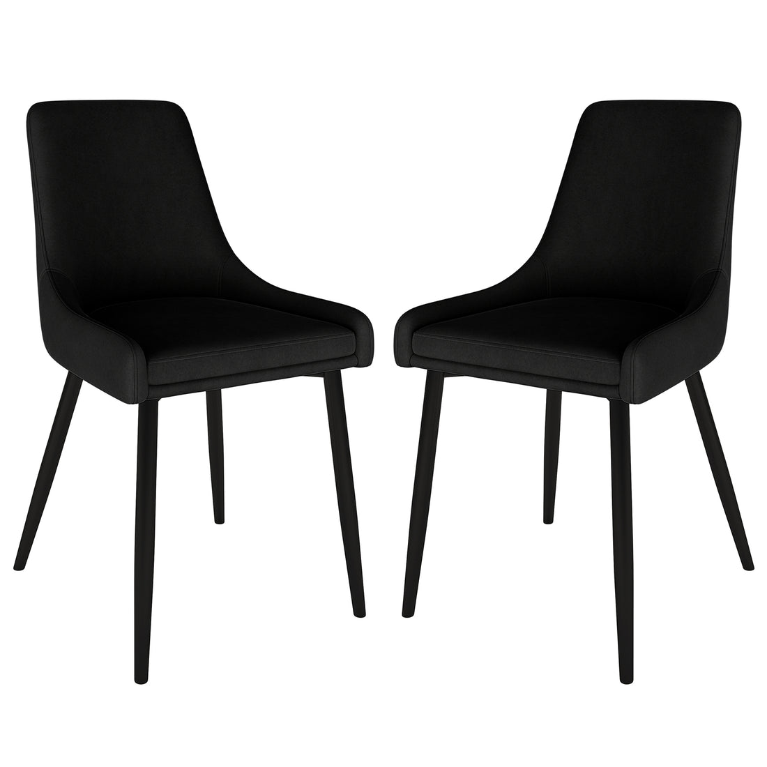 Blythe High Back Fabric Dining Chair Set of 2 in Black, featuring curved upholstered seats and backs, slender tapered legs, and anti-slip foot pads, offering modern style and comfort.