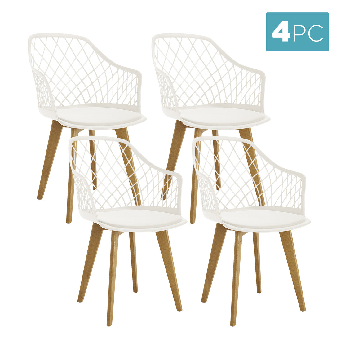 Caesar Beech Dining Chair Set of 4 in Cream White features a lattice-style plastic shell, white seat pad, and light-wood angled legs, offering modern elegance and comfort.