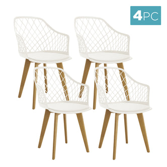 Caesar Beech Dining Chair Set of 4 in Cream White features a lattice-style plastic shell, white seat pad, and light-wood angled legs, offering modern elegance and comfort.