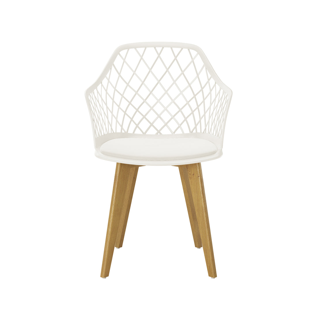 Caesar Beech Dining Chair Set of 4 in Cream White features a diamond-lattice patterned molded seat, slightly padded insert, and angled wooden legs, perfectly blending modern accents with functional design.