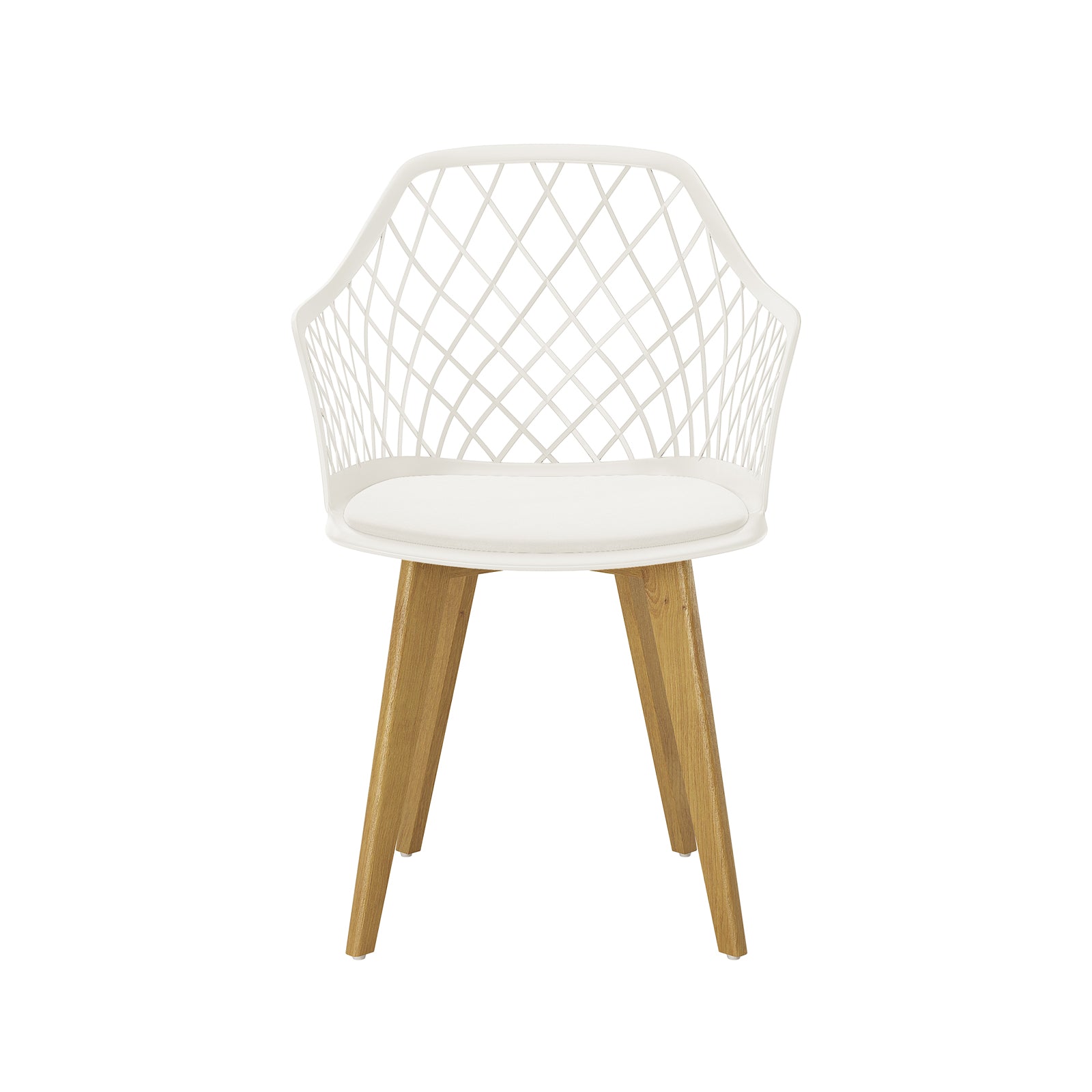 Caesar Beech Dining Chair Set of 4 in Cream White features a diamond-lattice patterned molded seat, slightly padded insert, and angled wooden legs, perfectly blending modern accents with functional design.