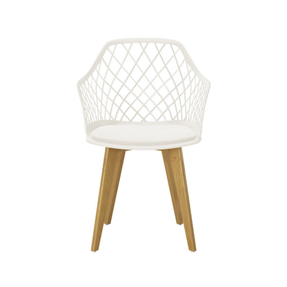 Caesar Beech Dining Chair Set of 4 in Cream White features a diamond-lattice patterned molded seat, slightly padded insert, and angled wooden legs, perfectly blending modern accents with functional design.