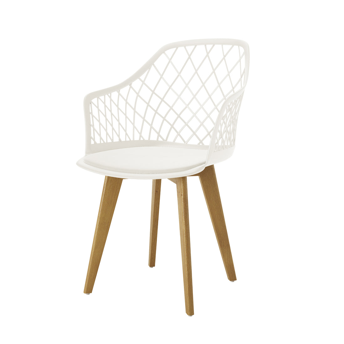 Caesar Beech Dining Chair Set of 4 in Cream White features scooped plastic seats with diamond-lattice backrests, integrated armrests, and splayed beech wood legs, blending modern design with comfort.