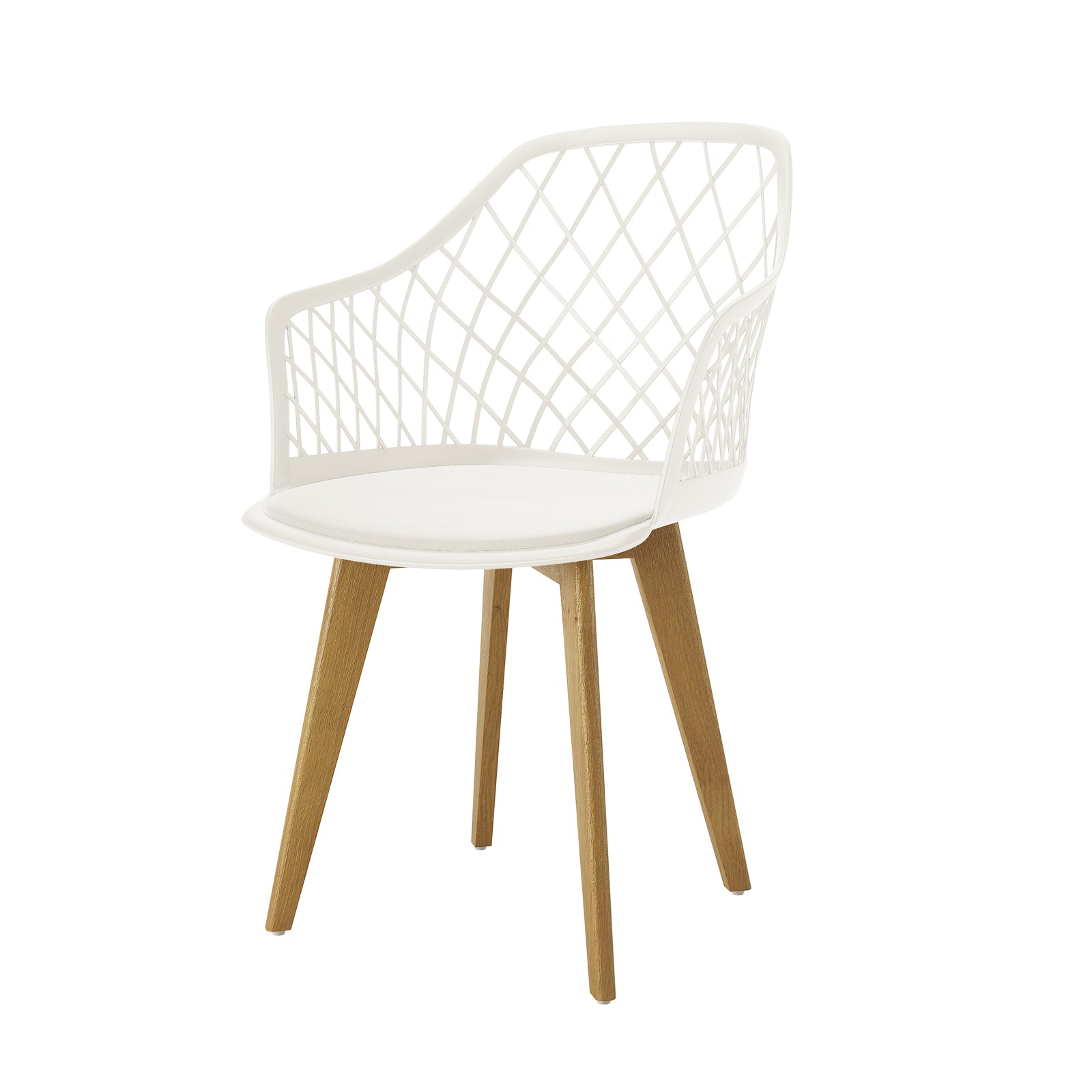 Caesar Beech Dining Chair Set of 4 in Cream White features scooped plastic seats with diamond-lattice backrests, integrated armrests, and splayed beech wood legs, blending modern design with comfort.