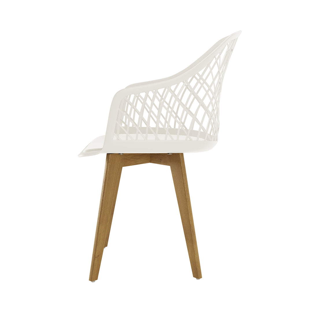 Caesar Beech Dining Chair Set of 4 features a cream white molded plastic shell with a lattice pattern and tapered wooden legs, showcasing a Scandinavian-inspired design for modern dining spaces.