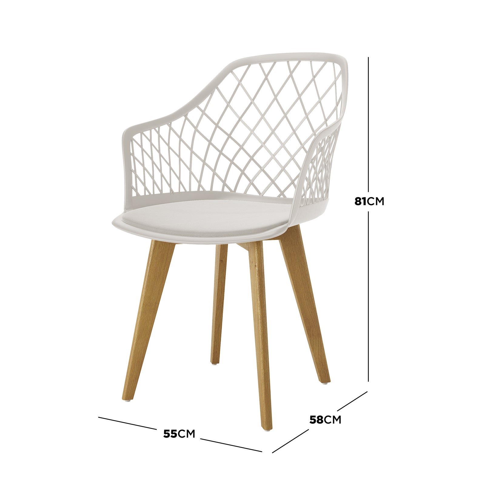 Caesar Beech Dining Chair Set of 4 in Cream White features criss-cross lattice plastic seats with low armrests, tall backrests, and splayed wooden legs, offering modern style and comfort.