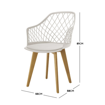 Caesar Beech Dining Chair Set of 4 in Cream White features criss-cross lattice plastic seats with low armrests, tall backrests, and splayed wooden legs, offering modern style and comfort.