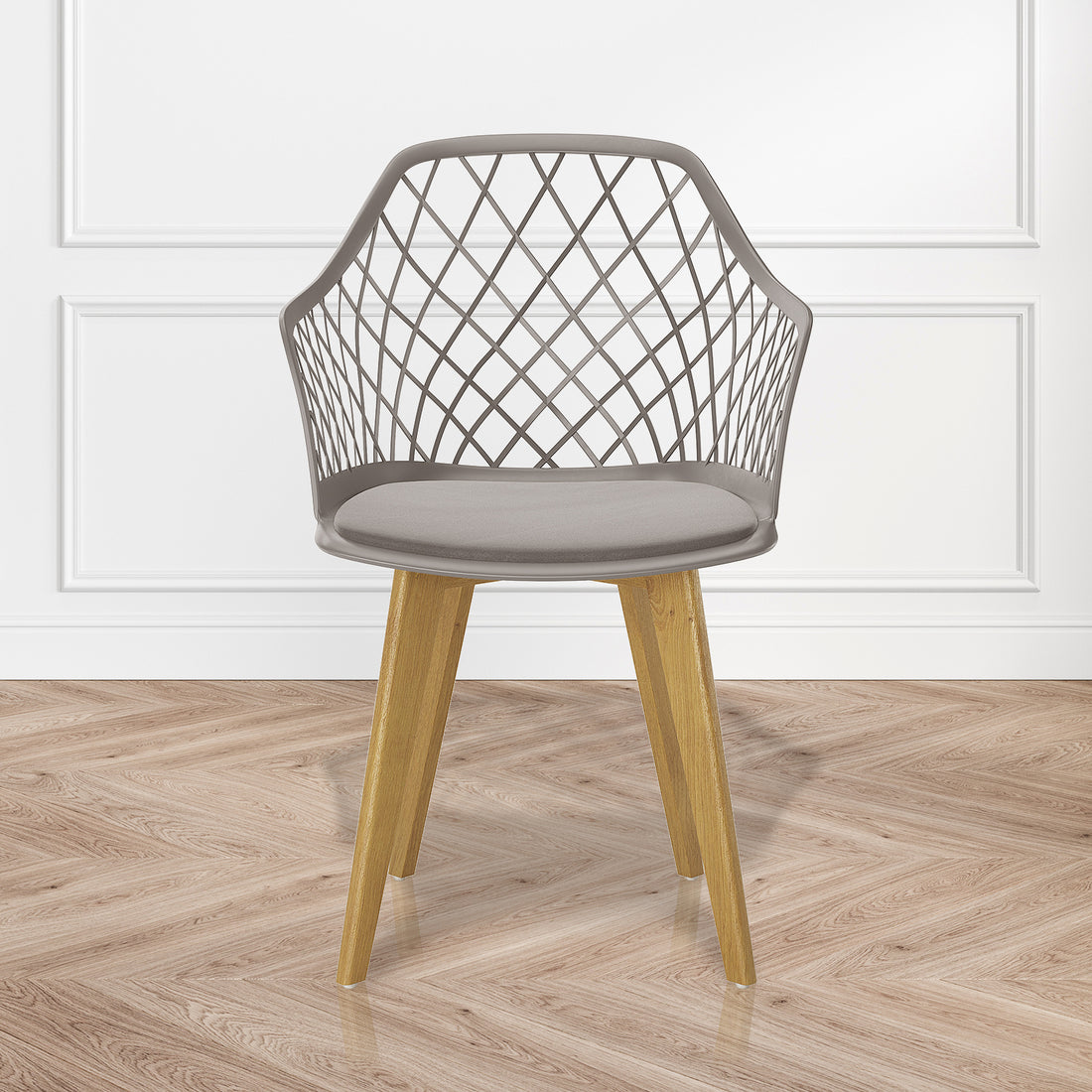 Caesar Beech Wood Dining Chair Grey Set of 6, featuring a close-up of a wicker armrest and floor. Designed for comfort and durability, perfect for enhancing dining spaces with timeless style.