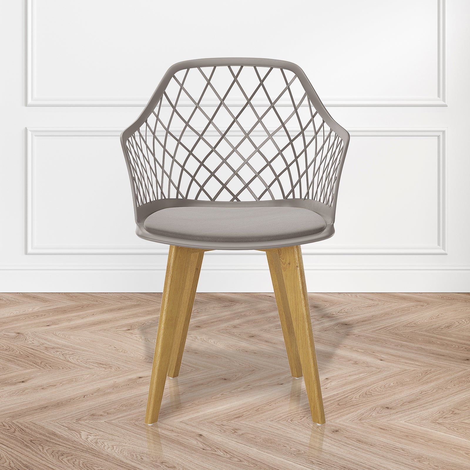 Caesar Beech Wood Dining Chair Grey Set of 6, featuring a close-up of a wicker armrest and floor. Designed for comfort and durability, perfect for enhancing dining spaces with timeless style.