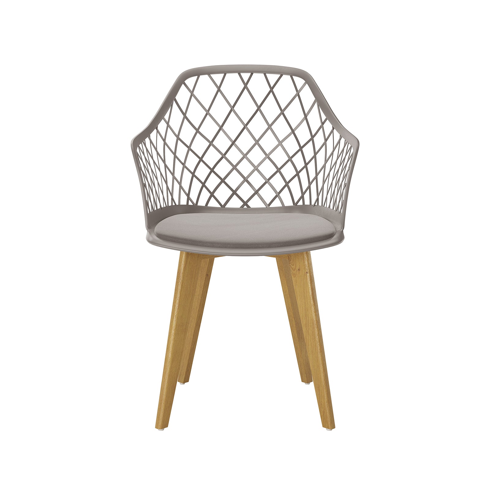 Caesar Beech Wood Dining Chair Grey Set of 6, featuring a close-up of a cushion and metal grid design, showcases a sturdy beech wood frame and padded seat for dining comfort.
